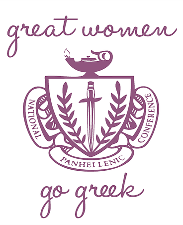 A graphic of a shield laden with ferns and a downward pointing sword is surrounded by a banner reading, "National Panhellenic Council," and is topped by an oil lamp. Above reads, "great women" with correlates to the below, "go Greek." All the lines are written in a pinkish-purple hue against a white background.
